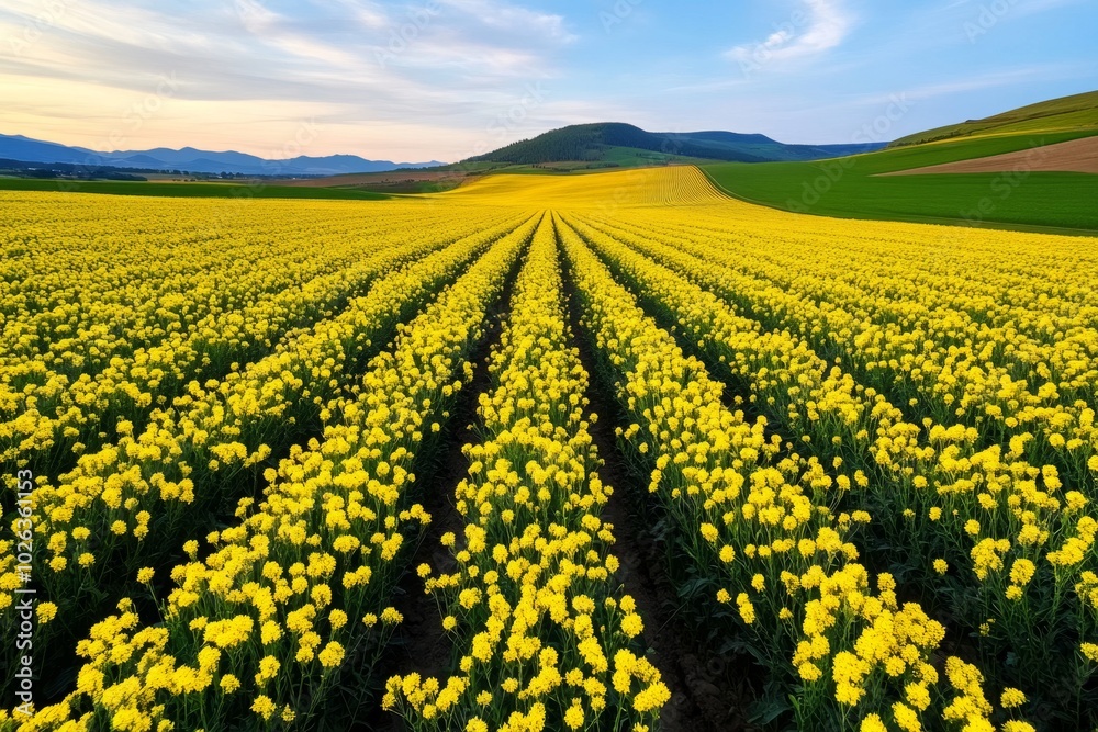 Fototapeta premium Golden canola field in full bloom, with the bright yellow flowers creating a vibrant, endless sea under a soft blue sky