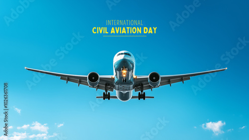 International Civil Aviation Day. White airplane on a blue sky with text above it
