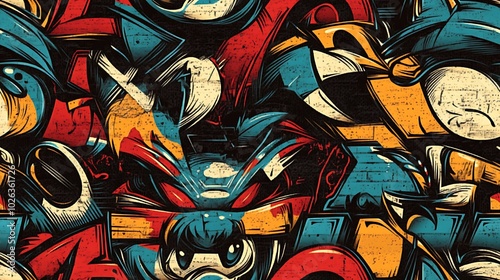 Wallpaper Mural Seamless graffiti pattern incorporating playful cats, street-smart dogs, and abstract bird shapes, highlighted with neon accents and expressive lines, set against a distressed city wall, Torontodigital.ca
