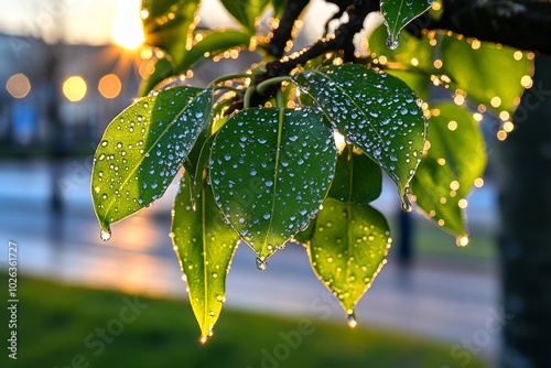 Holly willow tree covered in morning dew, with droplets clinging to the leaves, sparkling in the early light and creating a fresh, rejuvenating scene