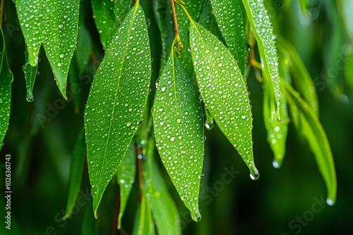 Holly willow tree covered in morning dew, with droplets clinging to the leaves, sparkling in the early light and creating a fresh, rejuvenating scene