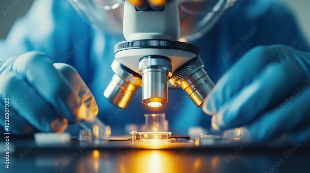 A scientist in a lab coat and blue gloves uses a microscope to examine a sample. A scientist in a lab coat and blue gloves uses a microscope to examine a sample.