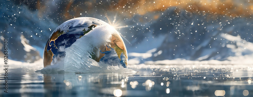 Earth partially covered in ice, floating in a body of water under a dramatic sky with snowflakes falling. Frozen Planet. photo