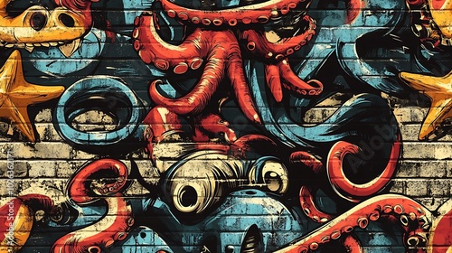 Seamless graffiti pattern incorporating sea creatures like octopuses, starfish, and seahorses, highlighted with neon accents and dynamic paint splashes, set against a distressed city wall, photo