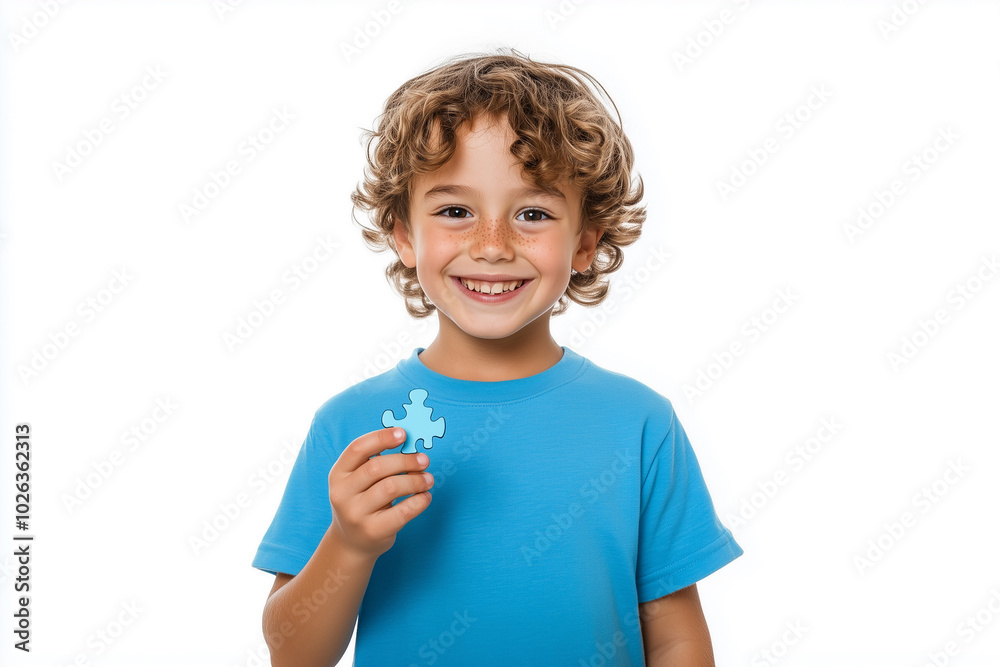 Smiling 4-Year-Old Caucasian Boy Holding Puzzle Piece, Focus on Autism Awareness, Photo-Realistic with White Background. Smiling 4-Year-Old Caucasian Boy Holding Puzzle Piece, Focus on Autism Awareness, Photo-Realistic with White Background.