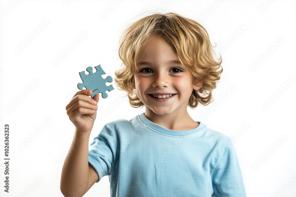 Smiling 4-Year-Old Caucasian Boy Holding Puzzle Piece, Focus on Autism Awareness, Photo-Realistic with White Background. Smiling 4-Year-Old Caucasian Boy Holding Puzzle Piece, Focus on Autism Awareness, Photo-Realistic with White Background.