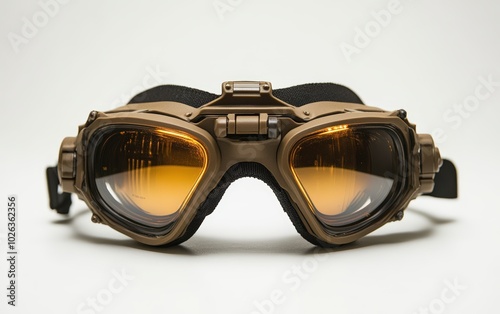 High-tech night-vision goggles are showcased on a pristine white backdrop, highlighting their capability for superior visibility in dim 