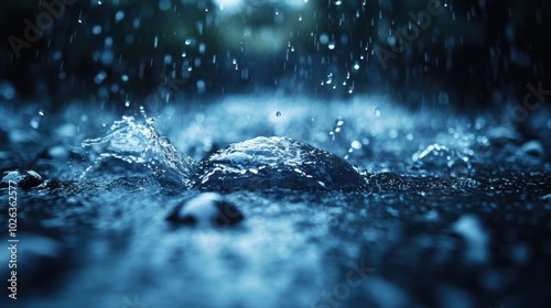 A close-up image of raindrops splashing on water, creating ripples and highlighting the serene beauty of nature in a vibrant blue tone.