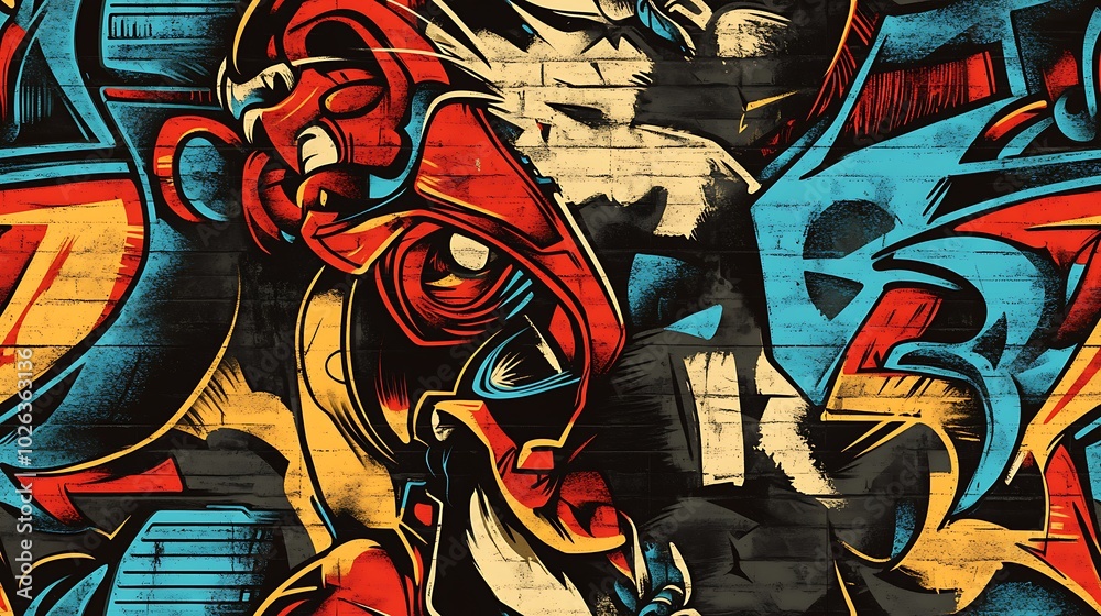 Naklejka premium Seamless graffiti pattern with cats, dogs, and abstract bird silhouettes, highlighted by bright neon colors and dynamic shapes, spray-painted on a dark concrete wall,