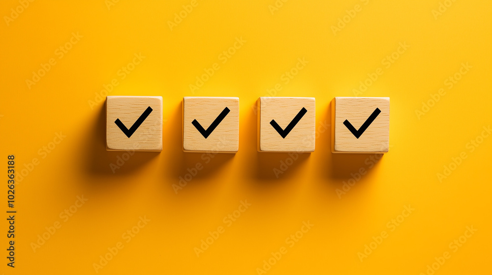 Checklist, Task list, Survey, and assessment. Quality Control. Goals achievement and business success. Check marks on wooden blocks in a yellow wall
Checklist, Task list, Survey, and assessment. Quality Control. Goals achievement and business success. Check marks on wooden blocks in a yellow wall