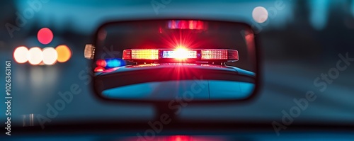 Close-up of flashing police lights in a rearview mirror at night, representing the moment of getting pulled over, law enforcement action, and night patrol photo