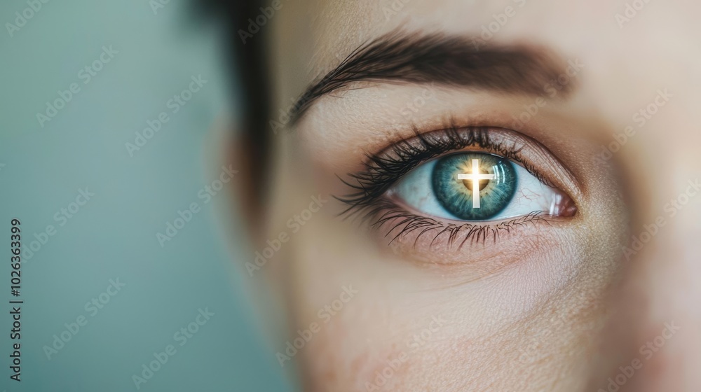 Reflective Christian cross shining in the eye of a believer, symbolizing contemplation of forgiveness, grace, and the influence of faith in one's life journey Reflective Christian cross shining in the eye of a believer, symbolizing contemplation of forgiveness, grace, and the influence of faith in one's life journey
