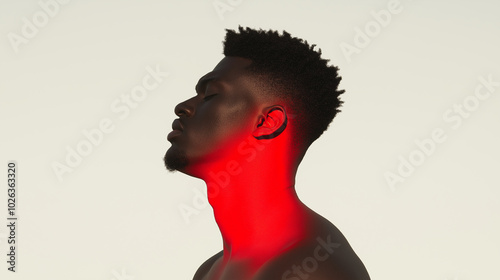 A profile view of a man with a strong jawline, illuminated by red light on his neck, creating a dramatic and intense visual effect. photo