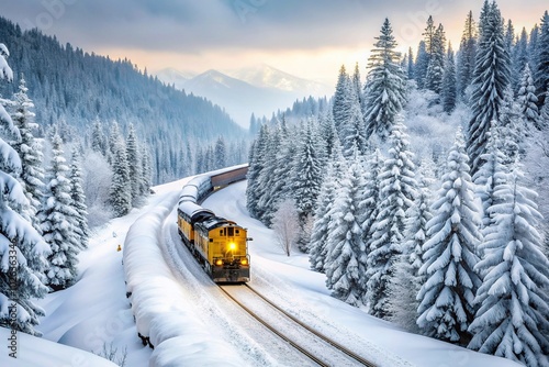 Snowy winter landscape with moving train near Whitefish Montana