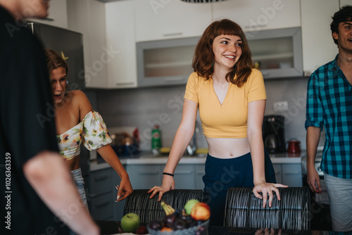 A group of young friends are laughing and chatting together in a modern kitchen setting, exuding happiness and friendship. The atmosphere is relaxed and joyful.