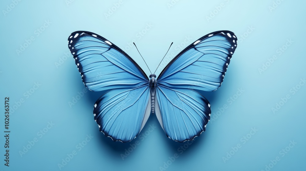 A blue butterfly is shown on a blue background A blue butterfly is shown on a blue background