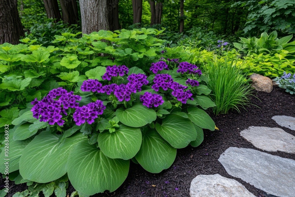 Fototapeta premium Lamium Purpureum thriving in a shaded garden, with the purple flowers contrasting beautifully against the green foliage of nearby plants
