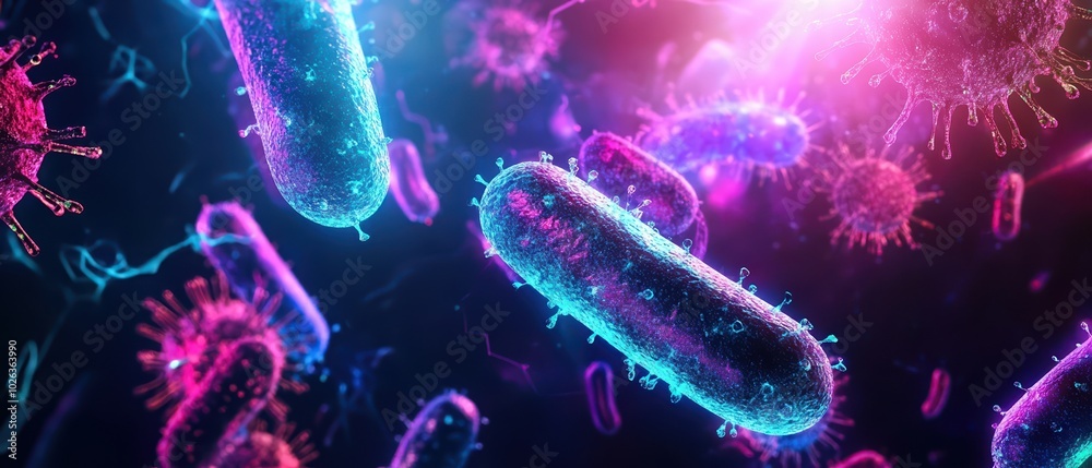 A vivid depiction of colorful bacteria and viruses, showcasing the intricate and microscopic world of microorganisms. A vivid depiction of colorful bacteria and viruses, showcasing the intricate and microscopic world of microorganisms.