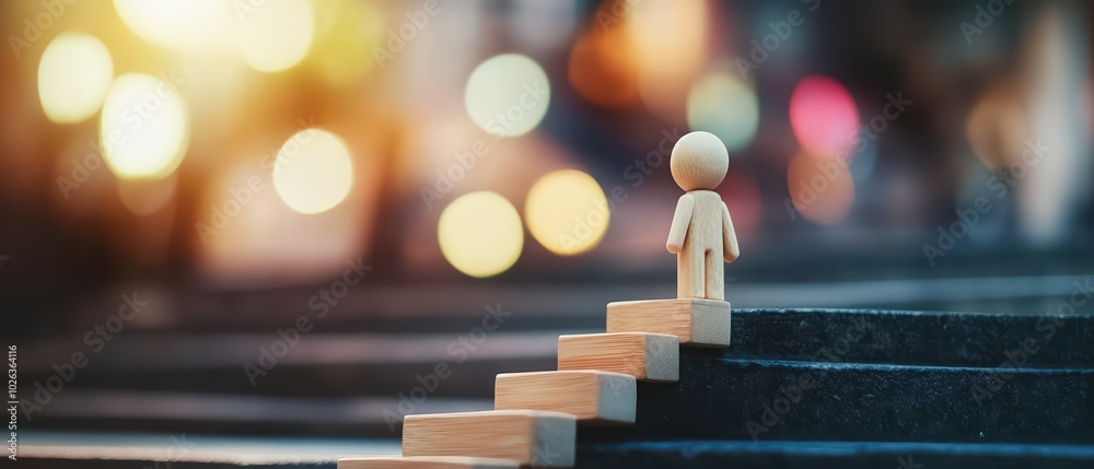 A wooden figure ascends steps, symbolizing growth and progress in a blurred city background with soft bokeh lights. A wooden figure ascends steps, symbolizing growth and progress in a blurred city background with soft bokeh lights.
