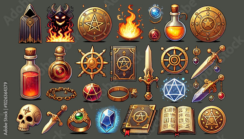 Dark and Gothic Fantasy Icons of Skulls Potions and Magical Symbols