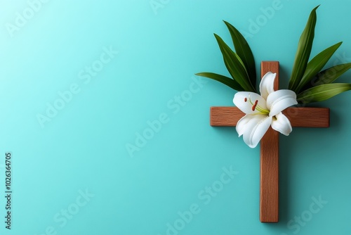 Minimalist Easter cross, a simple wooden cross adorned with a single white lily against a soft pastel background, symbolizing hope and renewal