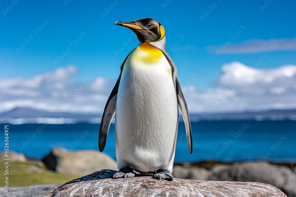 Fototapeta premium Minimalist image of a penguin, standing alone on a rock, with a simple blue background suggesting the Antarctic landscape