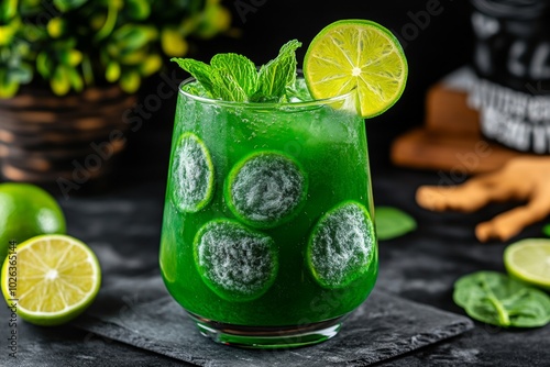 Moldy punch, a green punch with floating mint and spinach 