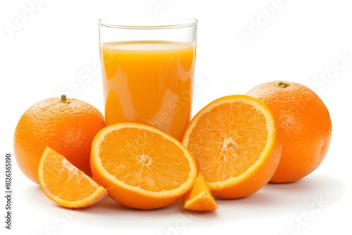 A glass of orange juice next to sliced oranges