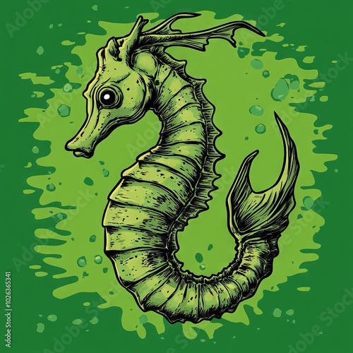 A detailed illustration of a seahorse on a vibrant green background. photo