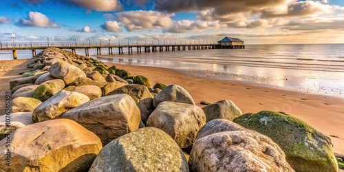 Sea defence boulders along the coastline in Cleethorpes, North East Lincolnshire photo