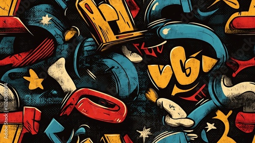 Seamless graffiti pattern with wildstyle letters, geometric symbols, and abstract shapes, highlighted by bright neon colors and brushstrokes, spray-painted on a dark concrete wall, photo