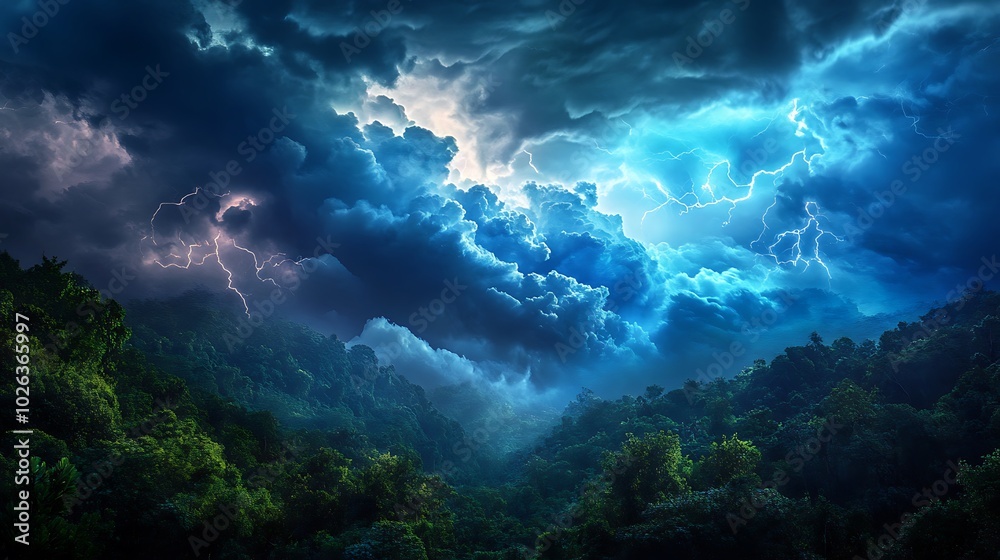 A dramatic thunderstorm rages over a lush, green forest, with lightning bolts illuminating the dark clouds. A dramatic thunderstorm rages over a lush, green forest, with lightning bolts illuminating the dark clouds.