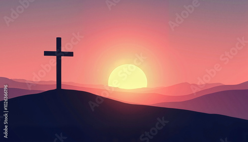 Silhouette of cross against sunset for Easter celebration and spiritual reflection concept