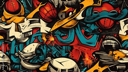 Wallpaper Mural A seamless graffiti pattern blending basketballs, skateboards, and urban sports graffiti tags, highlighted with neon paint splatters and dynamic lines, Torontodigital.ca