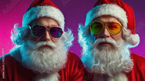 Portrait of a whimsical Santa Claus wearing typical Christmas red hat and sunglasses. Bright hipster Santa Claus in sun glasses. Modern Christmas celebration concept