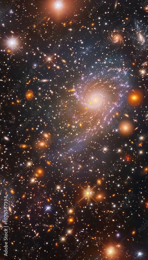 Fototapeta premium Stunning image of a vibrant star field with swirling galaxies, asteroids, and colorful planets