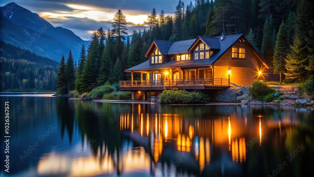 Fototapeta premium Night lights illuminating a lake house nestled in the mountains