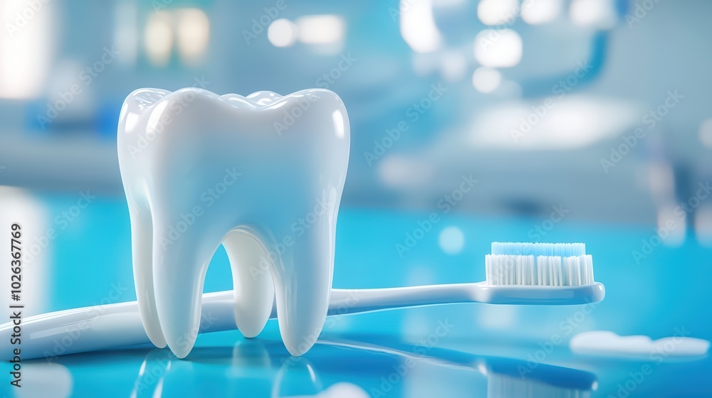 Bright and clean tooth with a toothbrush, representing dental hygiene and care in a modern dental office setting. Bright and clean tooth with a toothbrush, representing dental hygiene and care in a modern dental office setting.
