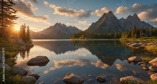 towering mountains in the background, a crystal-clear lake reflecting the surrounding peaks, and lush green forests covering the rolling hills