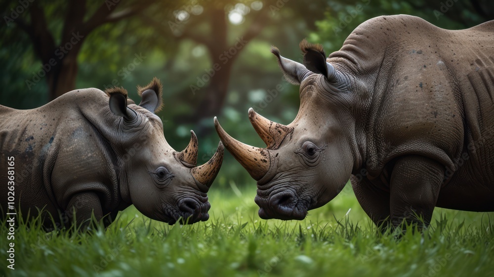 Fototapeta premium Two white rhinos face each other in a grassy field, with a blurred background of trees.