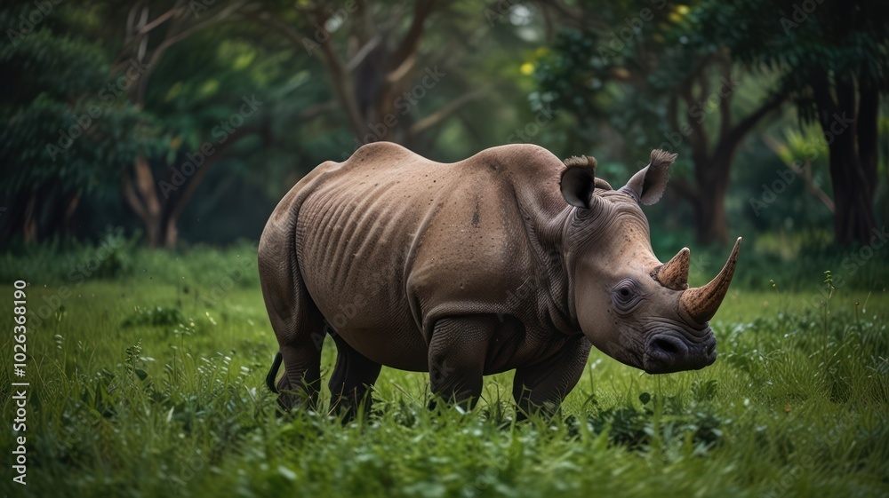 Obraz premium A large, grey rhinoceros stands in a grassy field, surrounded by green trees. The rhinoceros is looking to the right of the frame.