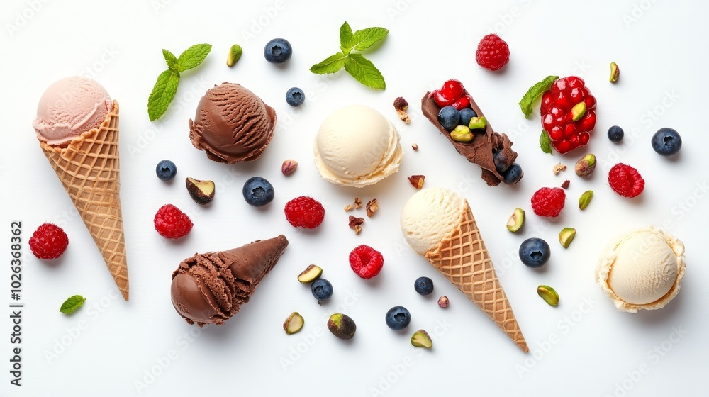 A variety of ice cream scoops, cones, and toppings, including vanilla, chocolate, and strawberry ice cream, blueberries, raspberries, pistachios, and mint leaves, arranged on a white background. A variety of ice cream scoops, cones, and toppings, including vanilla, chocolate, and strawberry ice cream, blueberries, raspberries, pistachios, and mint leaves, arranged on a white background.