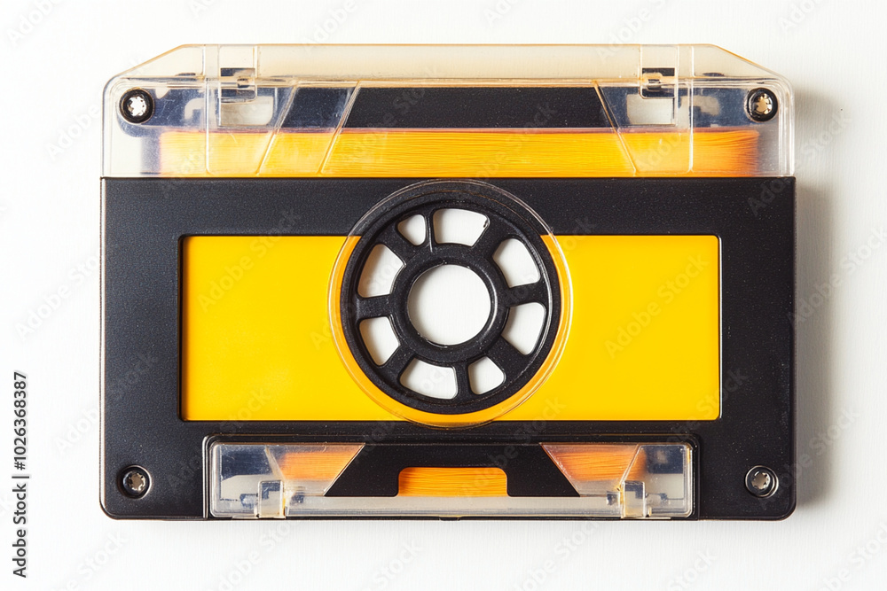 Retro Clear Cassette Tape with Yellow Reels on White Background - Vintage Analog Audio Design for Nostalgia and Music History Retro Clear Cassette Tape with Yellow Reels on White Background - Vintage Analog Audio Design for Nostalgia and Music History