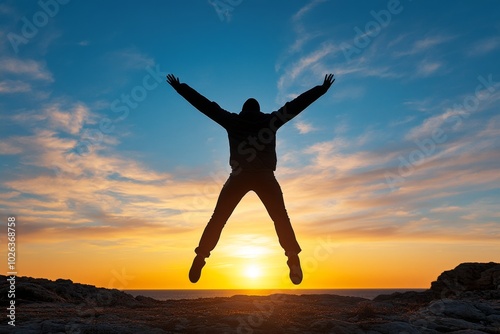 Wallpaper Mural Single person in an X-shaped jump, silhouetted against a soft gradient sunset, capturing the moment of joyful motion with minimalist lines Torontodigital.ca