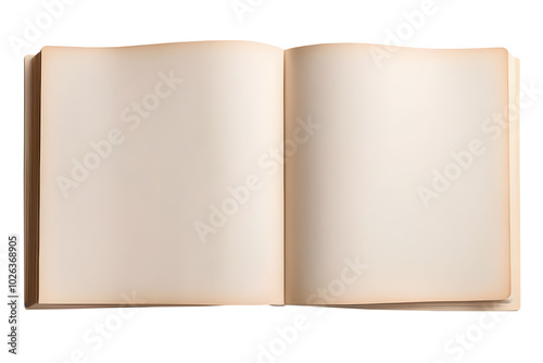 An open blank book with beige pages isolated on a transparent or white background. photo