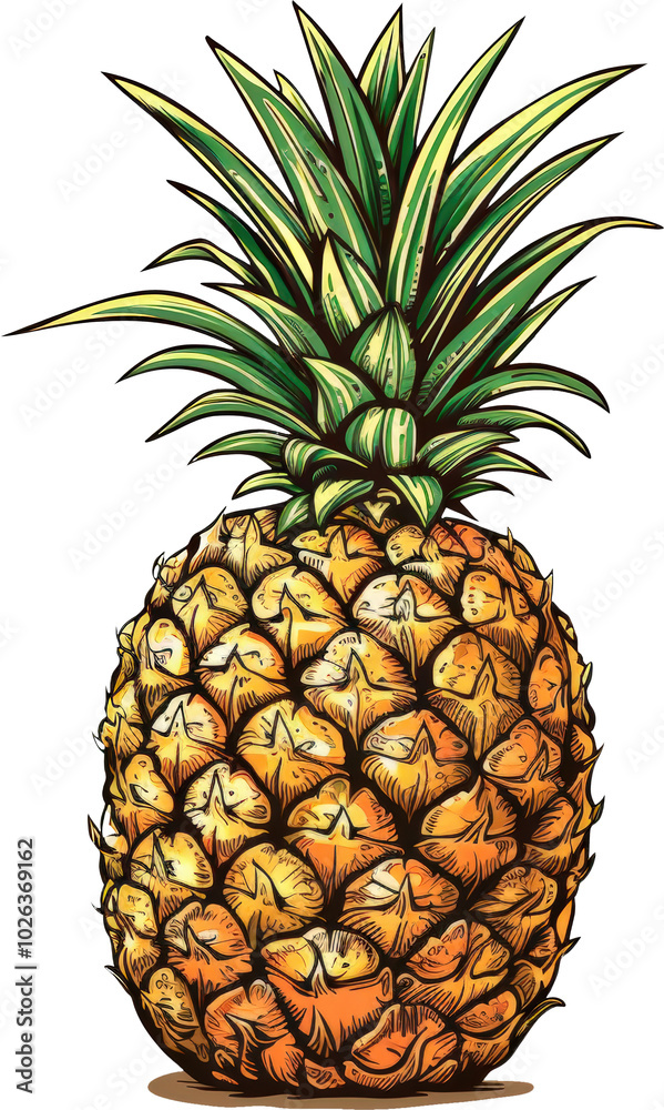 A ripe pineapple with green leaves. A ripe pineapple with green leaves.