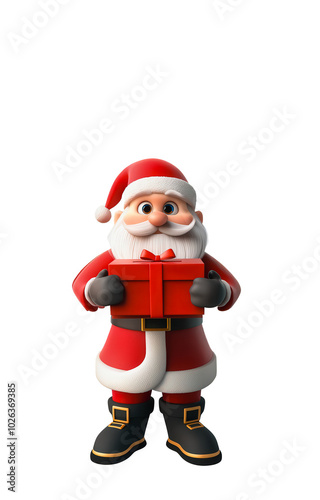 A cartoonish santa standing on a white background holding a red box