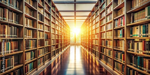 Sunlight filled library hallway with bookshelves in forced perspective