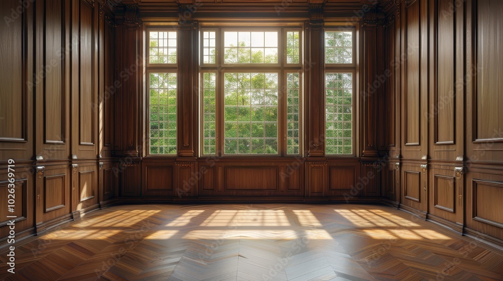 Elegant empty room with wood paneling and large window, bathed in natural light and warmth Elegant empty room with wood paneling and large window, bathed in natural light and warmth