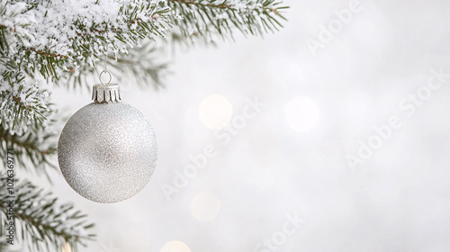 Silver Christmas Ornament Hanging on Snowy Pine Branch with Bokeh Background